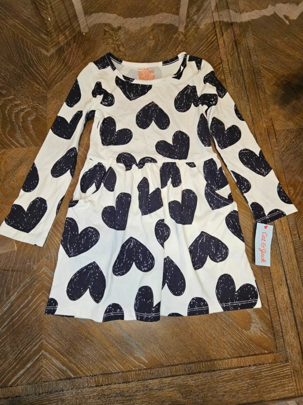 NWT Cat & Jack Girls Long Sleeve Heart Print Dress - Cream & Navy